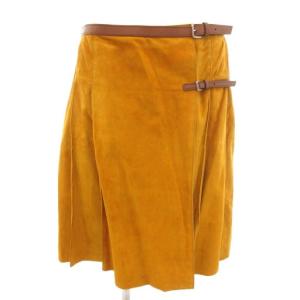 ラップスカート プリーツ スエード レザー 本革 42 キャメル ダブルベルト ひざ丈 /UO GY19