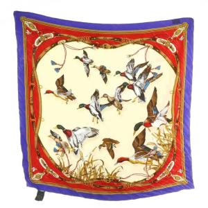 スカーフ 絹 シルク 大判 鳥 カモ 総柄 ロゴ 90×90 マルチカラー /XZ OH GY19