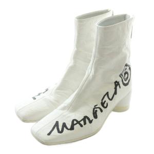 ショートブーツ シワ加工 ロゴ プリント 35 ホワイト