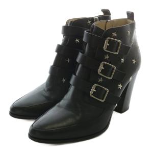 ショートブーツ レザー ポインテッドトゥ チャンキーヒール 星 スター スタッズ ベルト 38 25cm