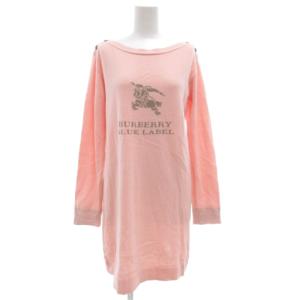 ニットワンピース ひざ丈 長袖 肩ボタン 38 ピンク ホースロゴ /GV GY19