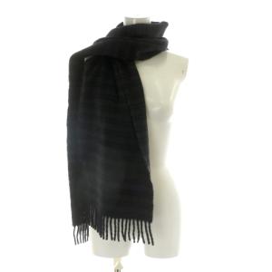 マフラー ストール 大判 フリンジ カシミヤ カシミア 毛 総柄 ストライプ柄 ロゴ 黒 ブラック 青
