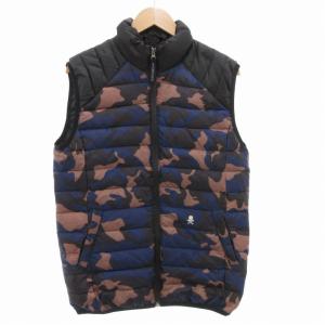 ダウンベスト M ジップアップ 迷彩柄 カモフラ柄 ロゴ 刺繍 黒 ブラック 紺 ネイビー /AE GY01