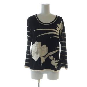 ニット カットソー 長袖 スパンコール ロゴ 花柄 絹 シルク LL 黒 ブラック GY44 /MQ