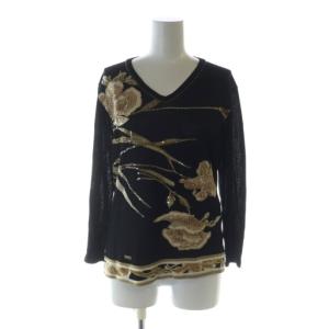 ニット カットソー 長袖 絹 シルク L 黒 ブラック スパンコール 花柄 /MQ GY44