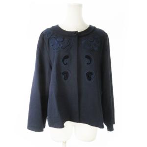 ノーカラージャケット ストレッチ ベロア 刺繍 ペイズリー柄 大きいサイズ 13AB 紺 ネイビー /AO23