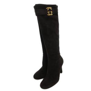 ロング ブーツ スエード レザー サイドジップ インターロッキングG GG バックル 茶 ブラウン 35.5