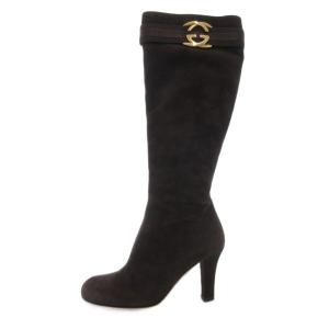 GUCCI ロング ブーツ スエード レザー サイドジップ インターロッキングG GG バックル 茶 ブラウン 35.5