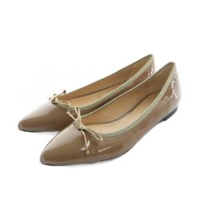 フラットシューズ パンプス エナメル ポインテッドトゥ ロゴ 37.5 24.5cm 茶 ブラウン GY19