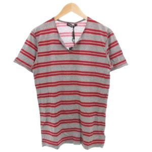 タグ付き Tシャツ 半袖 Vネック ボーダー ダメージ加工 48 グレー 赤 レッド /GV GY19