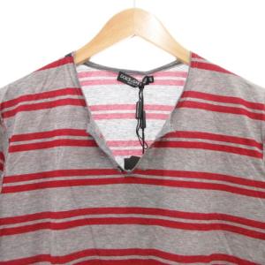 DOLCE&GABBANA タグ付き Tシャツ 半袖 Vネック ボーダー ダメージ加工 48 グレー 赤 レッド /GV GY19