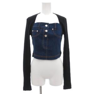 美品 パネルデニムニットクロップトップ 40 セーター ドッキング 長袖 スクエアネック 黒 ブラック