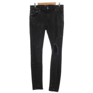MBBKN-ARI スキニー デニムパンツ ジーンズ ダメージ加工 スプラッターペイント 32 黒 ブラック