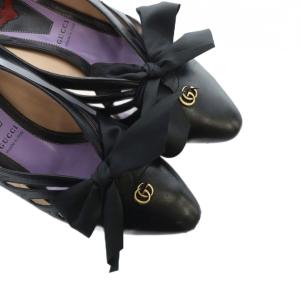 GUCCI パンプス チャンキーヒール GGマーモント バット コウモリ リボン 35.5 23cm 黒 ブラック