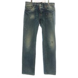 デニムパンツ ジーンズ スキニー ダメージ加工 ボタンフライ ロゴ 48 インディゴ 紺 ネイビー 71LA049