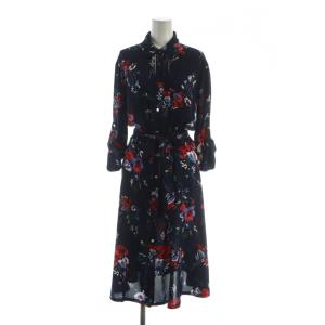 ロングワンピース 花柄 長袖 ロゴ インナー付き 6 紺 ネイビー GY01 /MQ