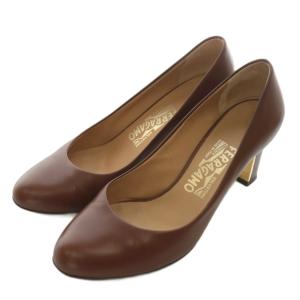 パンプス レザー ラウンドトゥ ヒール 5.5 22.5cm 茶色 ブラウン ゴールド色 /XZ GY19