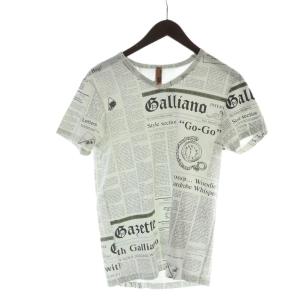 Tシャツ カットソー 半袖 ニュースペーパー プリント 新聞 総柄 Vネック XS 白 ホワイト GY19