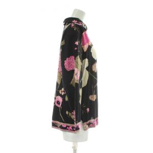 LEONARD FASHION カットソー トップス ウール シルク混 長袖 ハイネック 肩パッド 花柄 総柄 ロゴ L