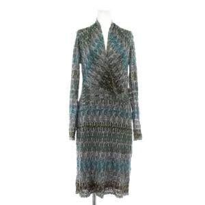 ワンピース ウール混 アンゴラ混 カシミヤ混 長袖 ロング Vネック 総柄 インナー付き 40 M マルチカラー