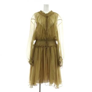 ワンピース 絹 シルク 長袖 シフォン シアー ひざ丈 フリル リボン紐 36 S カーキ 茶色 ブラウン