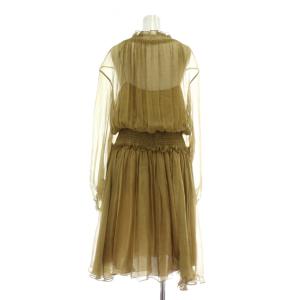 Chloe ワンピース 絹 シルク 長袖 シフォン シアー ひざ丈 フリル リボン紐 36 S カーキ 茶色 ブラウン