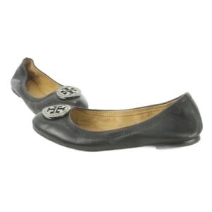 TORY BURCH バレエシューズ フラットシューズ レザー 革 Tロゴ ラインストーン ワンポイント 7 24.0cm 黒