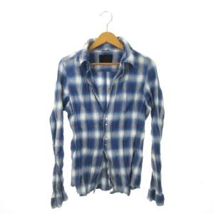 WRINKLE CHECK SHIRTS 長袖シャツ シワ加工 チェック 2 M 青 ブルー 白 ホワイト