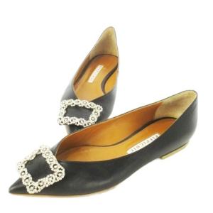 ANNA V JEWERLY パンプス フラットシューズ レザー 革 ポインテッドトゥ Vカット ビジューバックル