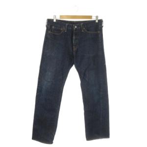 66 デニムパンツ ジーンズ ストレート コットン セルビッチ 黄耳 ウォッシュ加工 W32 紺 ネイビー