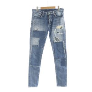 パッチワークデニム CNU091 パンツ ジーンズ ジップフライ ロゴ ダメージ加工 M 青 ブルー GY01