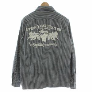 ヒッコリーシャツ 長袖 ストライプ S ネイビー 紺色 ホワイト 白 刺繍 バックデザイン /PP GY01