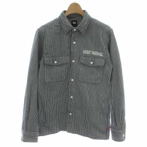 STUSSY ヒッコリーシャツ 長袖 ストライプ S ネイビー 紺色 ホワイト 白 刺繍 バックデザイン /PP GY01