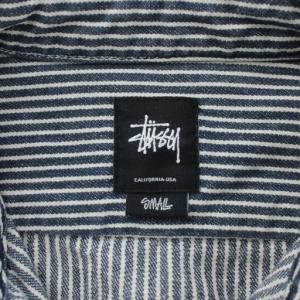 STUSSY ヒッコリーシャツ 長袖 ストライプ S ネイビー 紺色 ホワイト 白 刺繍 バックデザイン /PP GY01
