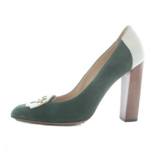 TOD'S パンプス スエード レザー スクエアトゥ チャンキーヒール ゴールド金具 緑 グリーン 白 ホワイト /XZ