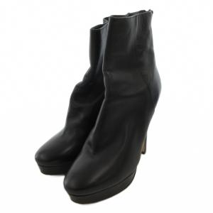 ショートブーツ ハイヒール 厚底 ラウンドトゥ レザー 37.5 黒 ブラック /FF GY19