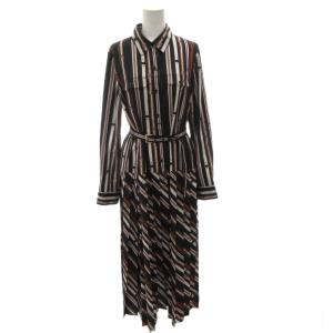 23AW ベルトプリントプリーツワンピース ペチコート付き ストライプ 総柄 38 黒 ブラック /FF