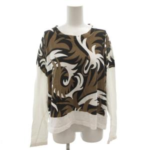 ロンT Tシャツ カットソー ショート 総柄 長袖 42 白 ホワイト 茶 ブラウン /FF GY19