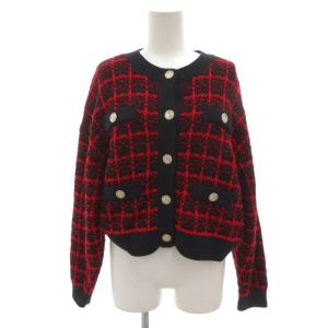 23AW チェッククルーニットカーディガン チェックニットビスチェ セット 36 赤 レッド 黒 ブラック