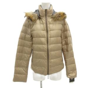 タグ付き フード付ダウンジャケット ジップアップ ラクーンファー ニット切替 ナイロン 9 ベージュ /GV