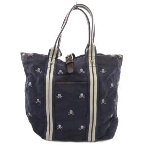 トートバッグ 紺 ネイビー ドクロ柄 スカル ストライプ柄 フロントポケット /FF GY19