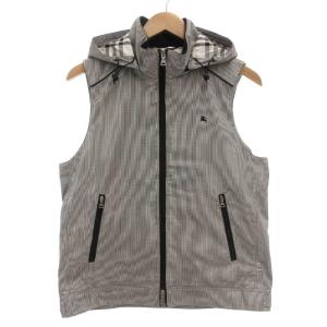 ジップベスト ジャケット フード付 裏地メッシュ 千鳥格子柄 ホース刺繍 L 黒 ブラック 白 ホワイト