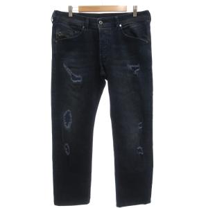 BELTHER デニムパンツ ジーンズ スリムストレート ボタンフライ ストレッチ W33 L32 ダメージ加工