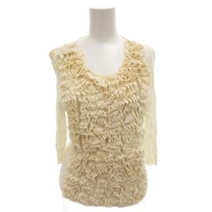 ヴィンテージ ニット カットソー M 白 ホワイト フリル ラウンドネック 七分袖 シアー 切替 /FF