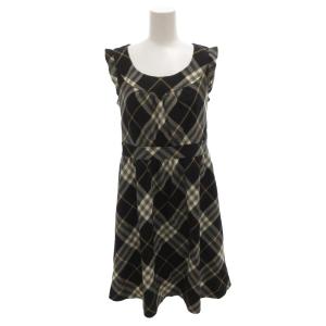 ノースリーブワンピース ウール 38 黒 ブラック チェック柄 ラウンドネック ひざ丈 /FF GY64