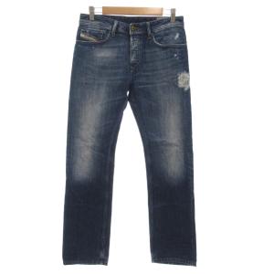 WAYKEE デニムパンツ ジーンズ ボタンフライ ストレート ダメージ加工 W28 L30 インディゴブルー