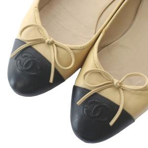 CHANEL フラットパンプス ココマーク リボン バイカラー 38.5 ベージュ