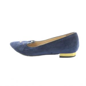 CHARLOTTE OLYMPIA フラットシューズ パンプス ポインテッドトゥ ネコ ベロア 37.5 24.5cm 紺 ネイビー GY19