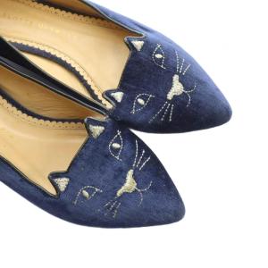 CHARLOTTE OLYMPIA フラットシューズ パンプス ポインテッドトゥ ネコ ベロア 37.5 24.5cm 紺 ネイビー GY19