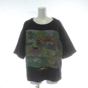 ガーデンプリントTシャツ 刺繍 メッシュ 半袖 カットソー コットン ニット ネイビー 紺色 /PP GY19